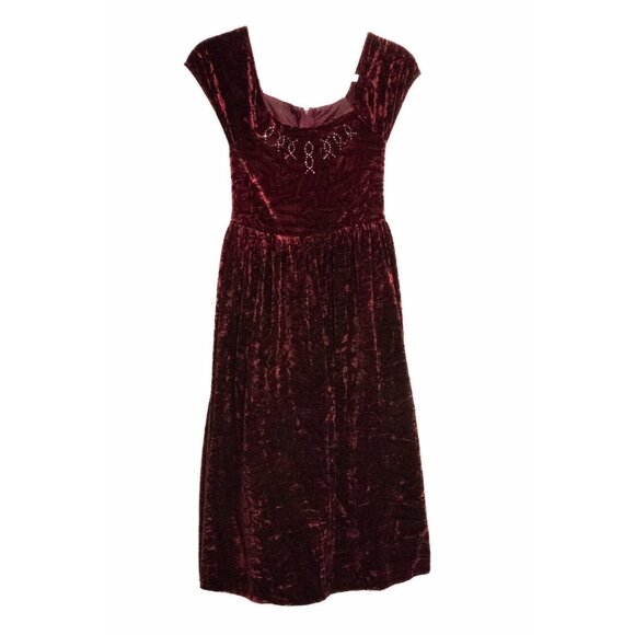 Kiki Kids Girls Wine Red Velvet Midi Dress Scoop Neck Zip Tie Back Cap Sleeve 12 - Picture 2 of 5
